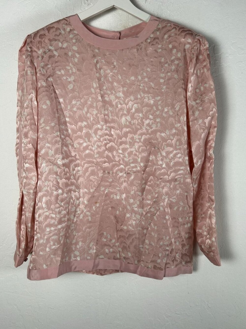 VTG Brownstone Studio Silk Blouse Pink Floral Jacquard Burnout Long Sleeve 14